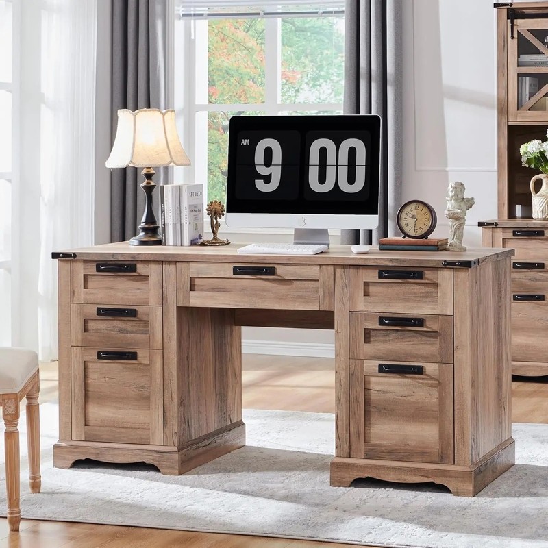 60″ Farmhouse Executive Desk w/ Drawers, Charging Station, File Cabinet