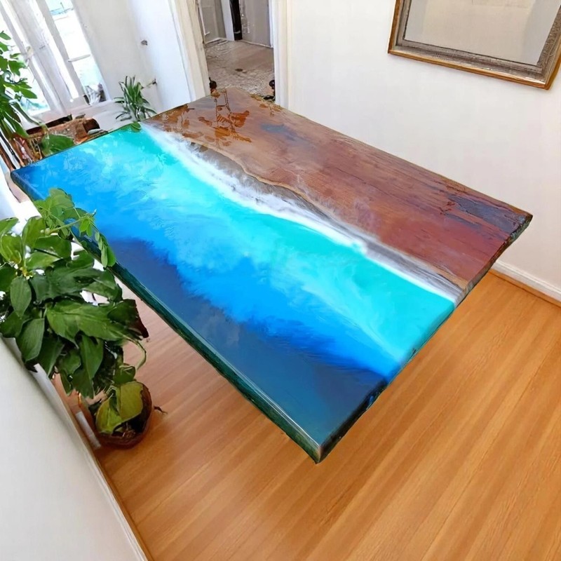 Blue Epoxy River Table Top Handmade Dining Table Luxury Furniture Live Edge Deco