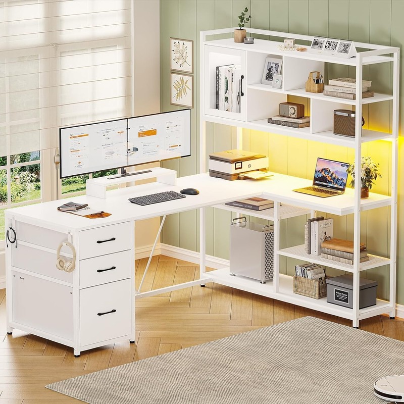 L Shaped Computer Desk with LED Light 58» Office Desk with 3 Drawers &Bookshelf