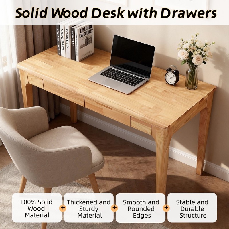 Solid Wood Desk with Drawers, Standing Desk with Smooth Edges Mid Century Modern