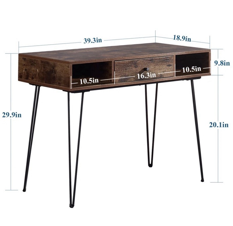 Contemporary Wood & Metal Computer Desk, Brown/Black, Drawer, Shelves