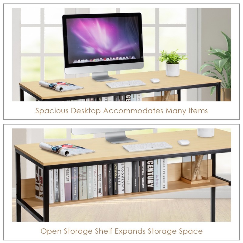 55" Computer Desk Writing Table Workstation Home Office w/Bookshelf Natural gallery