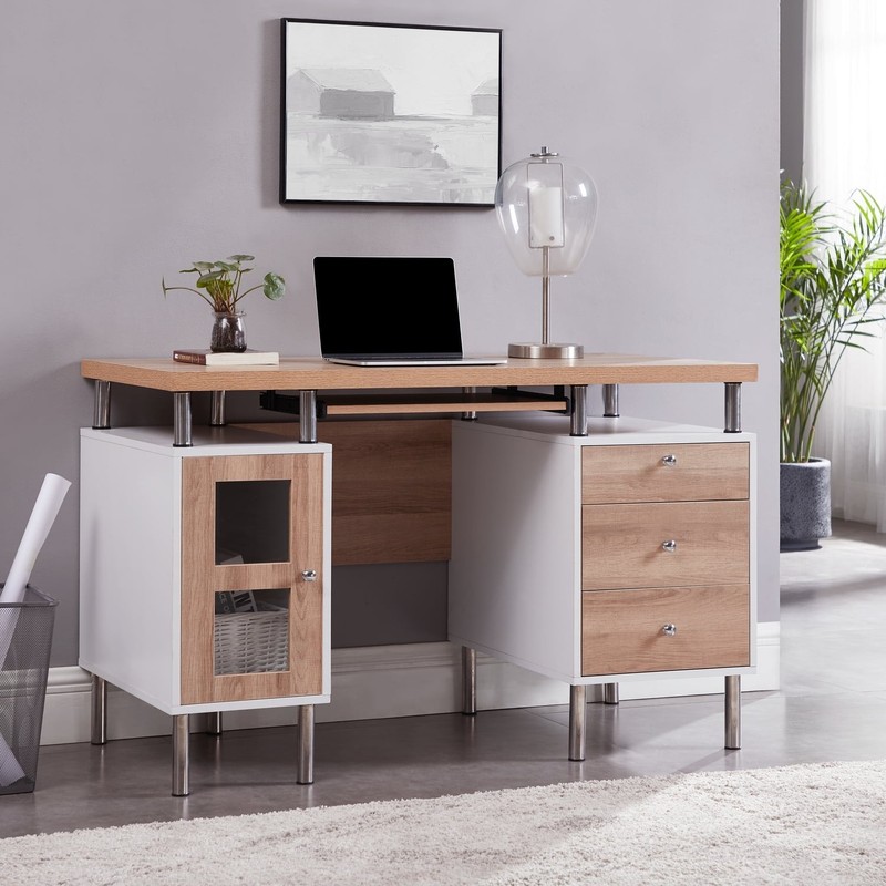 Naomi Home Elsy Two-Tone Computer Desk 3 Drawers USB Ports Shelves