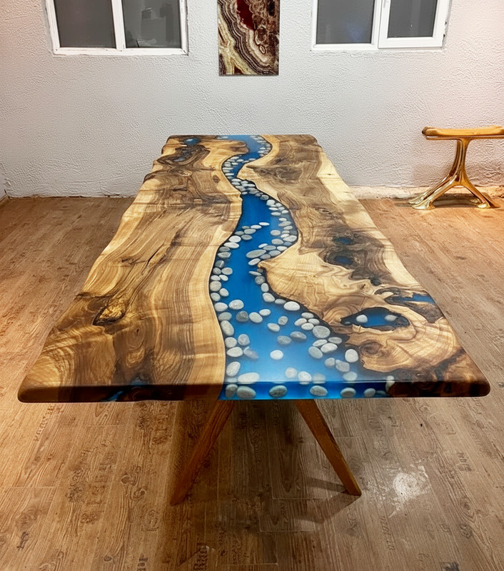 Blue Resin River Live Edge Dining Table with Pebbles | Handmade Epoxy Wood Table gallery