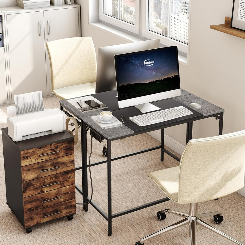 Modern Computer Desk with Power Outlet & Hooks - Charcoal Gray & Black gallery
