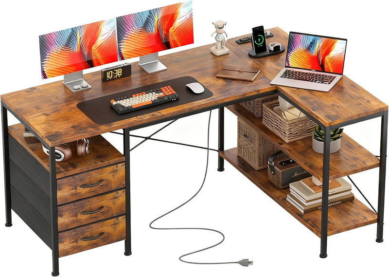 L Shaped Computer Desk, 47 Inch Corner Desk with Drawers and Power Outlets, Home