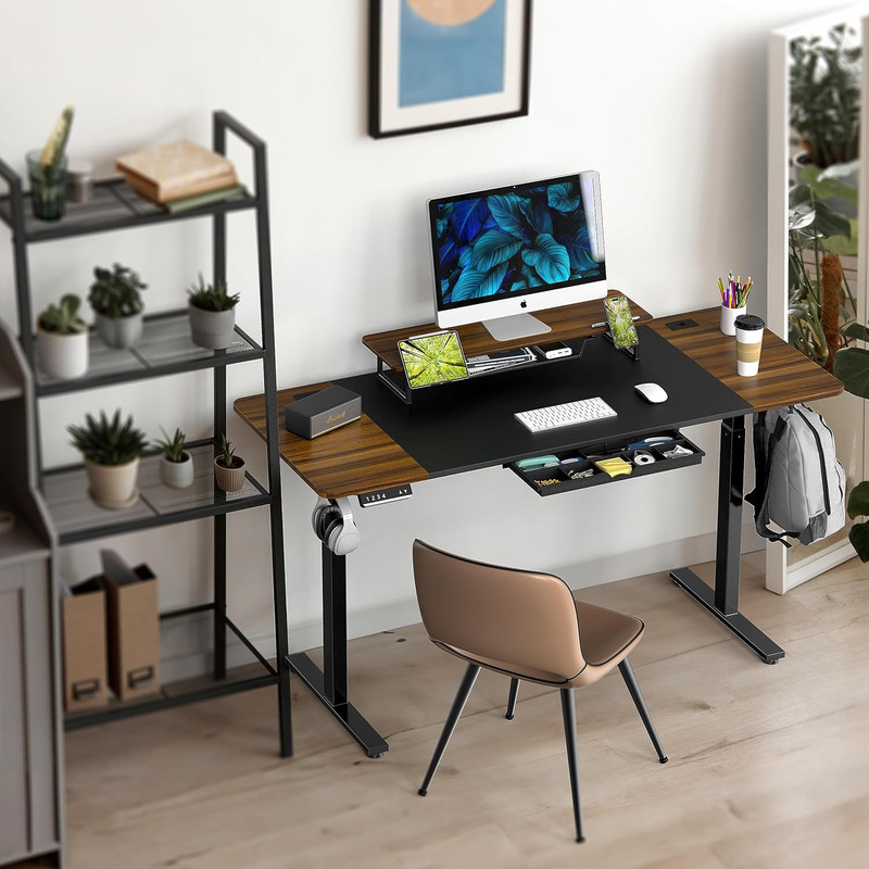 Walnut 62-Inch Electric Height Adjustable Standing Desk with Drawer & Riser gallery