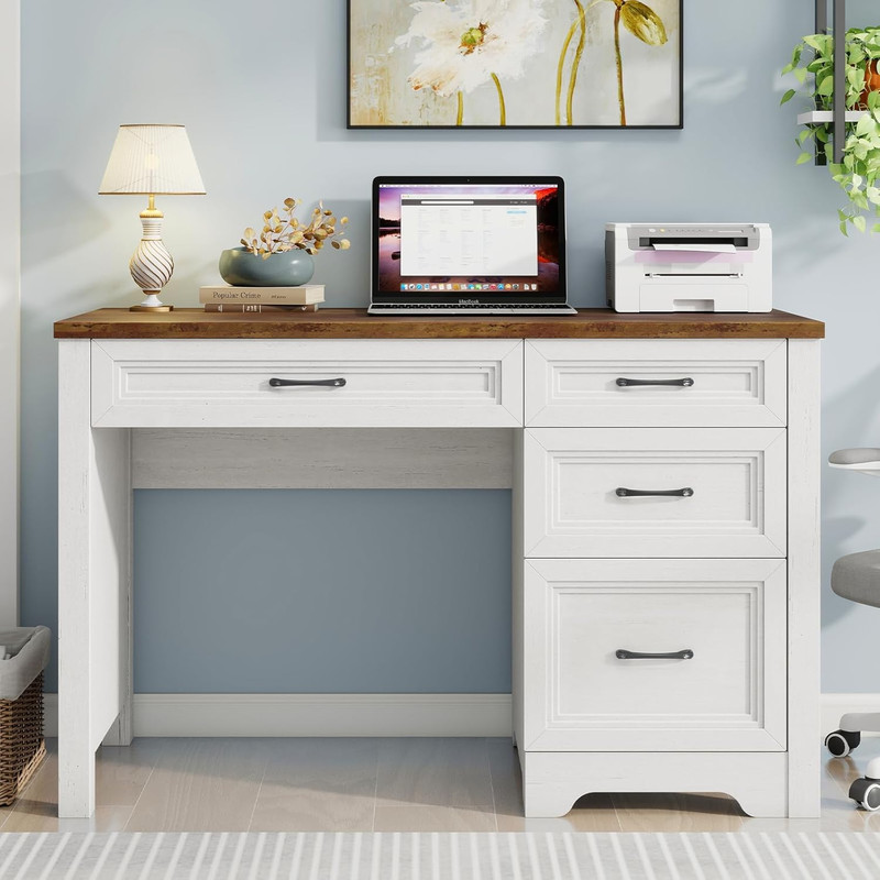 Farmhouse Home Office Desk with Drawers, Wood Computer Desk with Ample File Draw