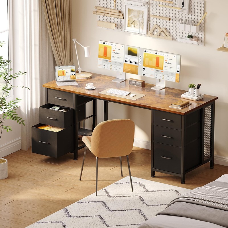 Desk with 6 Drawers, 160x52 cm Computer Desk with Storage, Bür... gallery