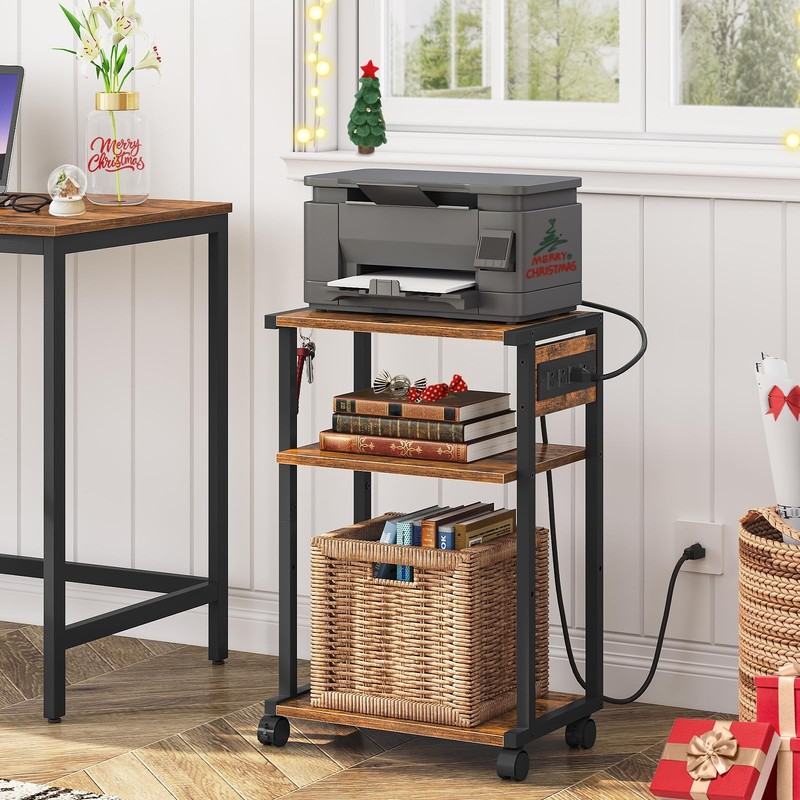 HOOBRO Industrial Printer Stand with Charging Station, Rustic Brown + Black gallery