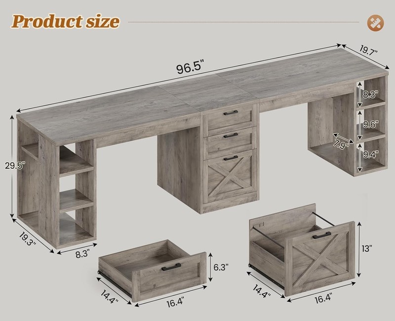 Farmhouse 96.5" Computer Desk, Long Two Person Desk w/3 Drawers &Storage Shelves gallery