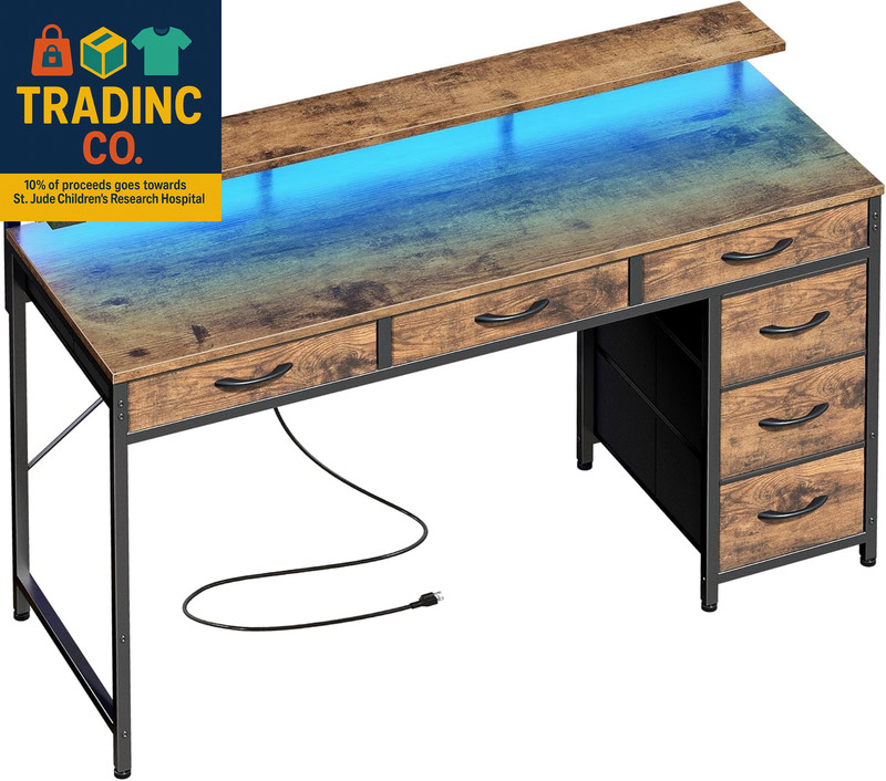 Gaming Desk with 6 Drawers, Computer Desk with LED Lights Power Outlets and Type