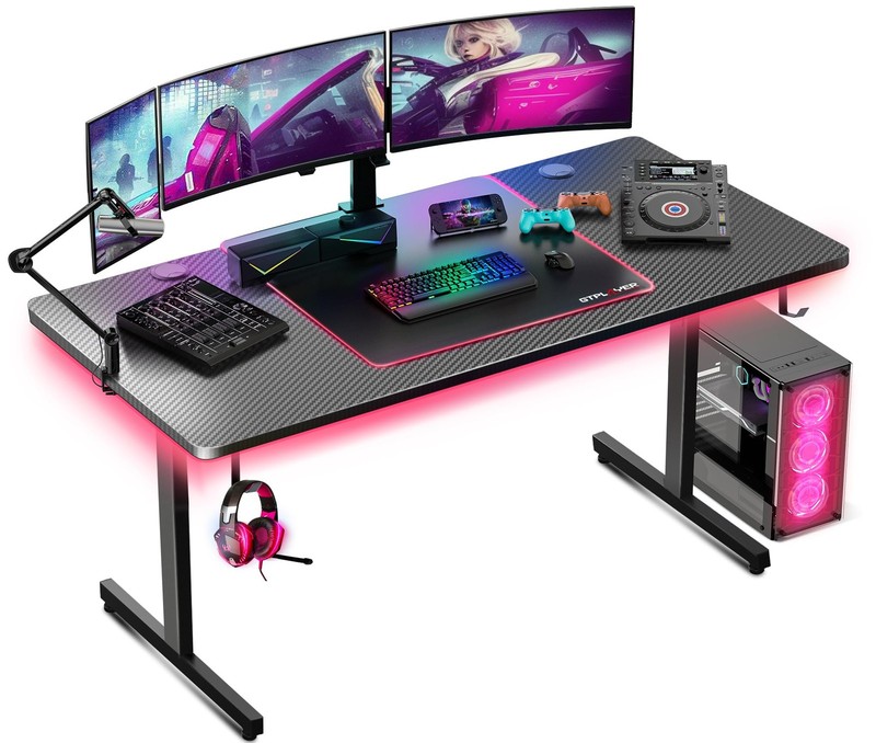 55 Inch Gaming Desk with LED Lights, Large Computer Desk with Mouse Pad for H…