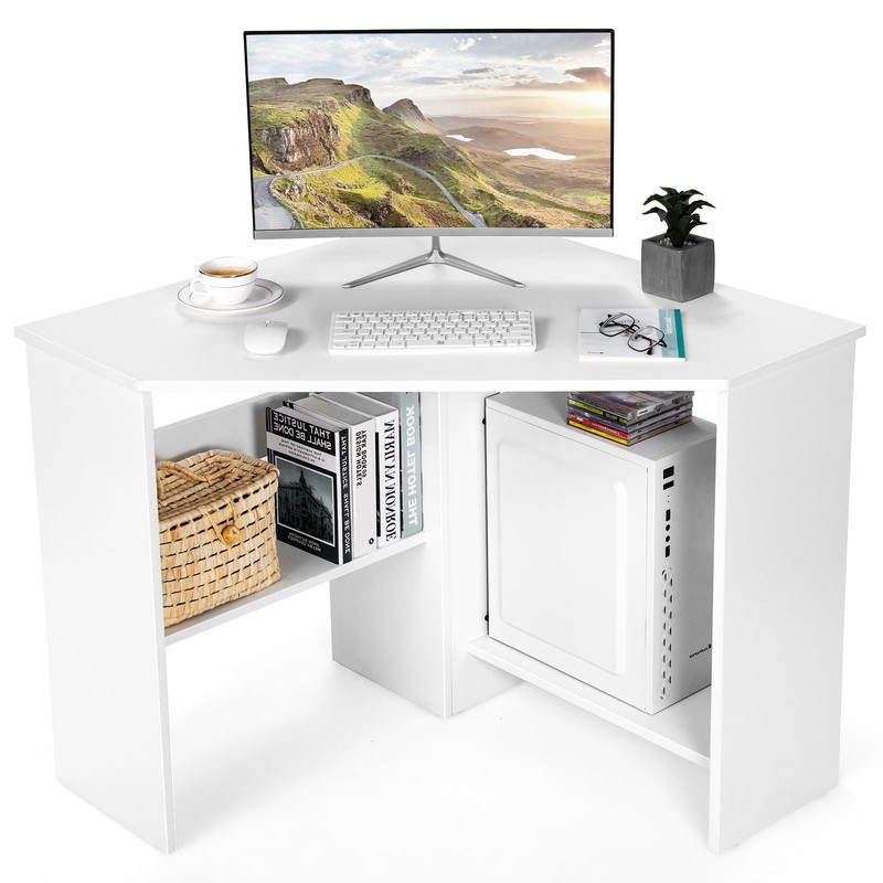 Corner Computer Desk, Space-Saving Triangular Writing Desk w/ 2 Storage Shelves