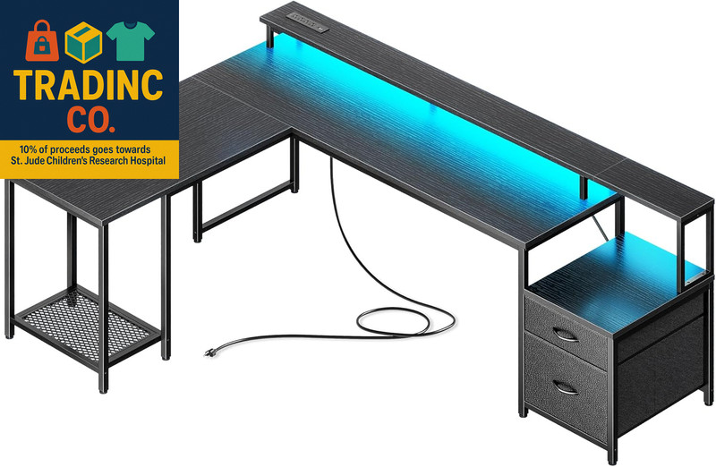 66″ L Shaped Gaming Desk with LED Lights & Power Outlets, Computer Desk with Fab