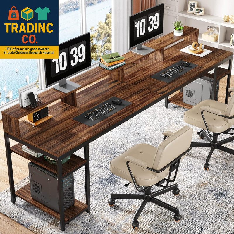 Two Person Desk with Monitor Stand, 78.74″ Long Double Computer Office Desk with