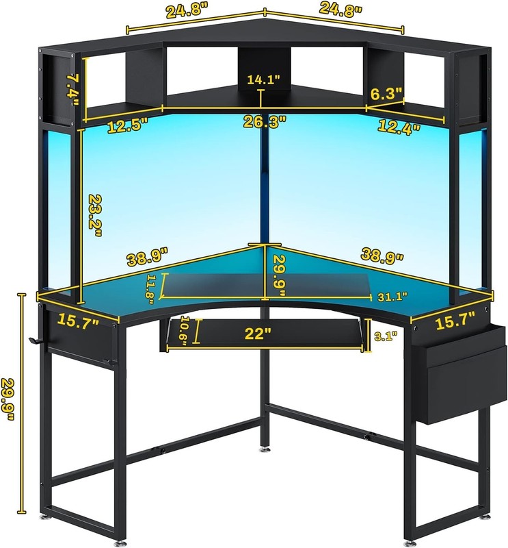 Triangle Corner Computer Desk with Keyboard Tray Home Office Desk w/ LED Lights gallery
