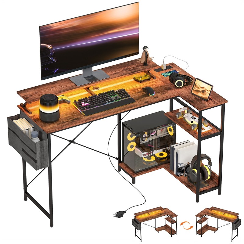 58″ Reversible L Shaped Desk, Corner Computer Desk, Rustic Brown