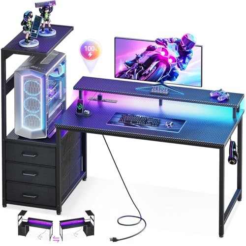 Gaming Desk with USB Charging Ports & LED Light – 52 Inch Pure Black