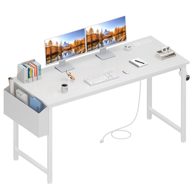 White Computer Desk with Power Outlet, 55 inch Teen Study Table Home Office W…