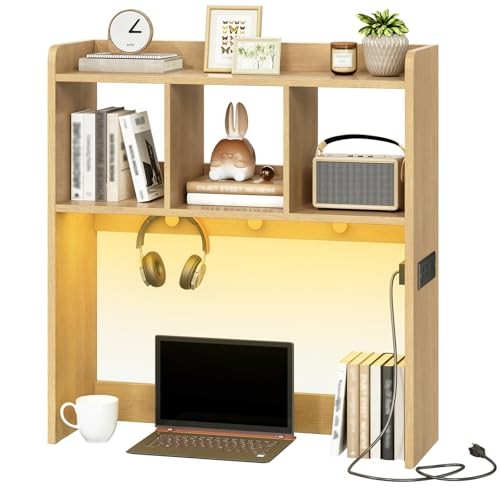 Desktop Bookshelf, Office Desktop Shelf, Desk Hutch with Outlets, Natural