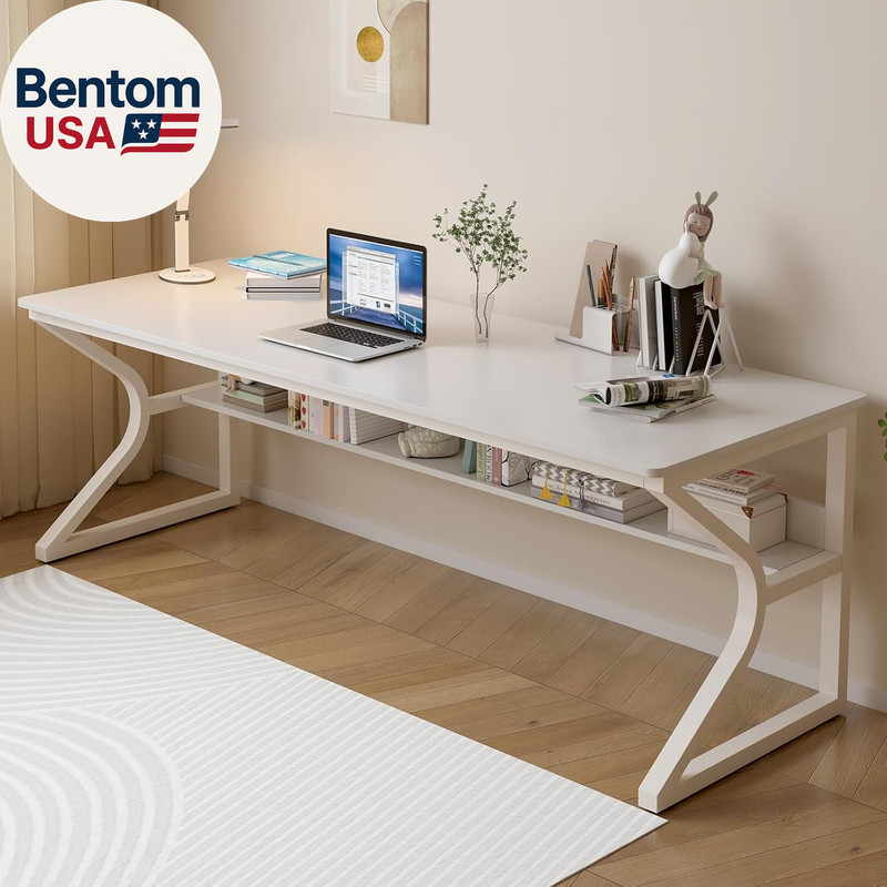 Extra Long Desk with Bookshelf - 71" Double Long Writing Table for 2-Person Work