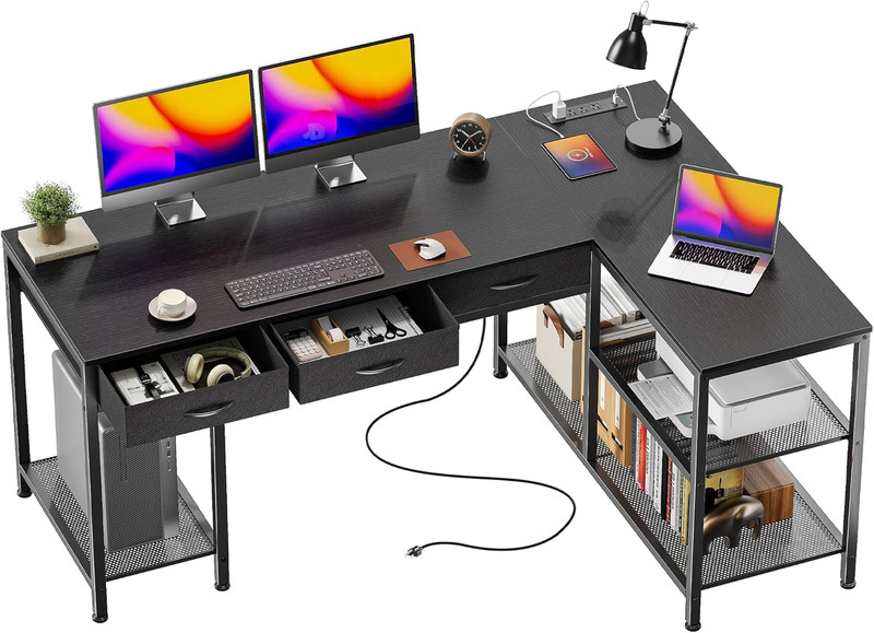 55 Inch L Shaped Office Desk with Power Outlets and Type-C Port, Large Computer