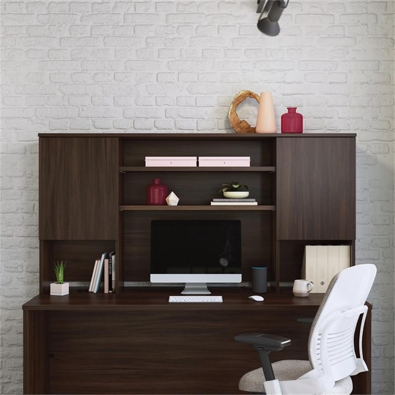 Pemberly Row Engineered Wood 72"x24" Desk with Hutch Bundle in Noble Elm/Brown gallery