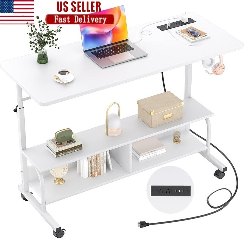 Adjustable Rolling Standing Desk W/ Power Outlets USB Ports & Storage Shelves