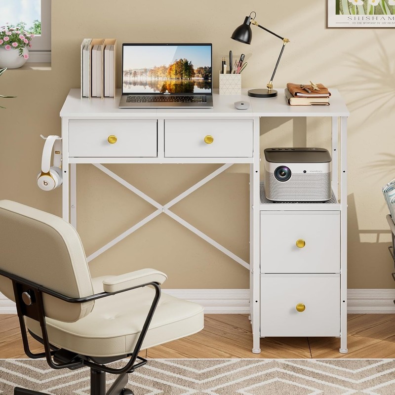 Compact White Computer Desk with 4 Drawers for Home Office or Kids Room