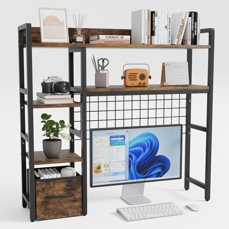 Rustic Brown Desk Hutch with 4-Tier Storage Rack & Woven Drawer for Office