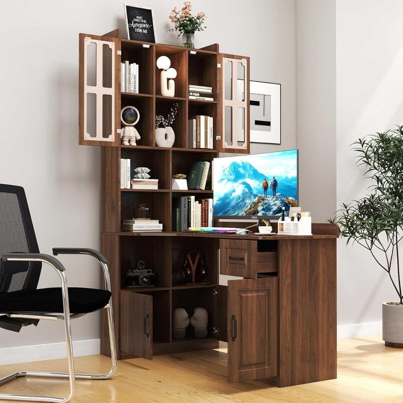 L-Shaped Corner Computer Desk with Hutch Large Office Desk with Storage Shelves