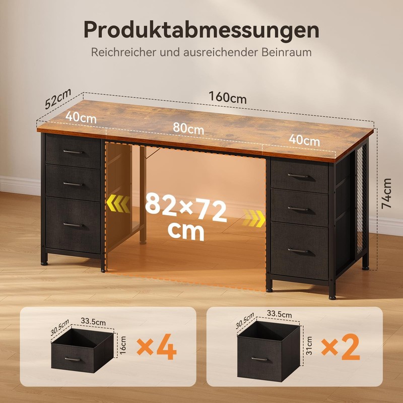 Desk with 6 Drawers, 160x52 cm Computer Desk with Storage, Bür... gallery