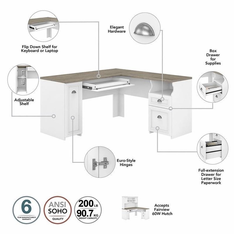 Pemberly Row L Desk with Hutch & File Cabinet in White & Gray - Engineered Wood gallery