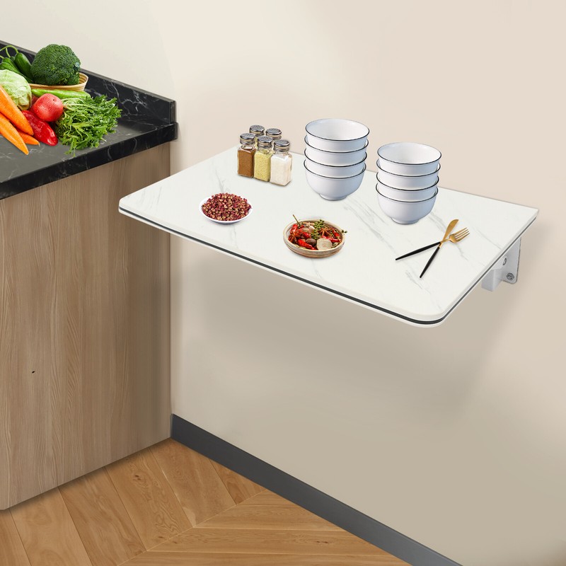 Folding Wall Desk White Marble 60 × 40cm MDF Metal Brackets Foldable