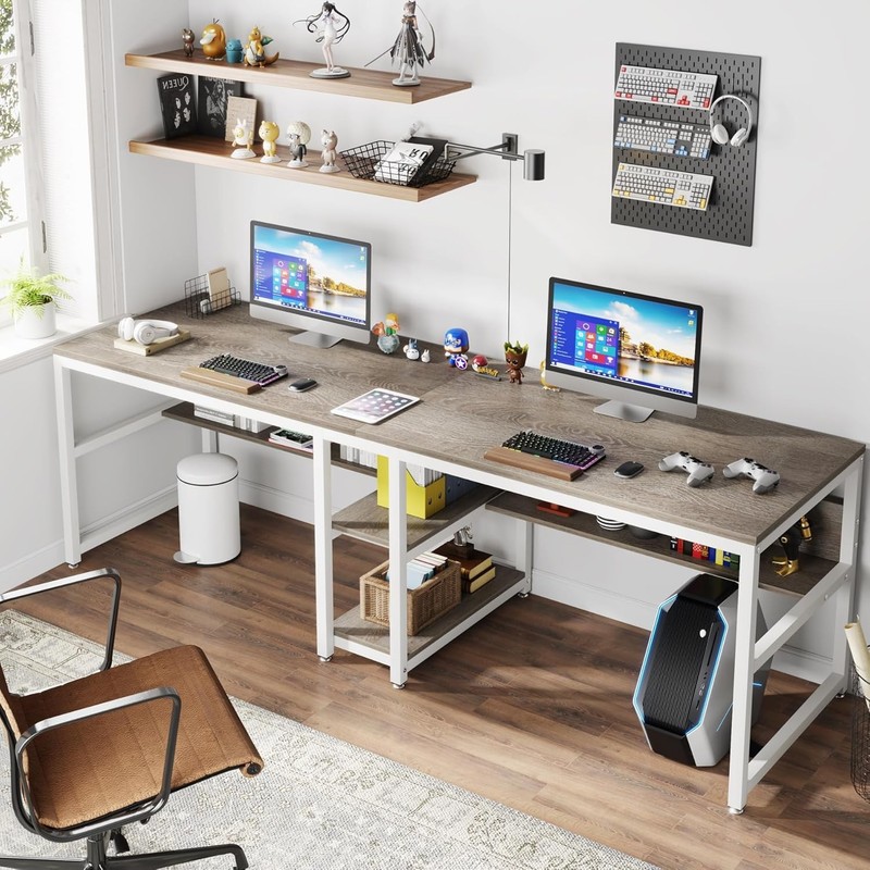 Two Person Desk with Bookshelf, 78.7'' Computer Office Double Desk Writing Desk gallery