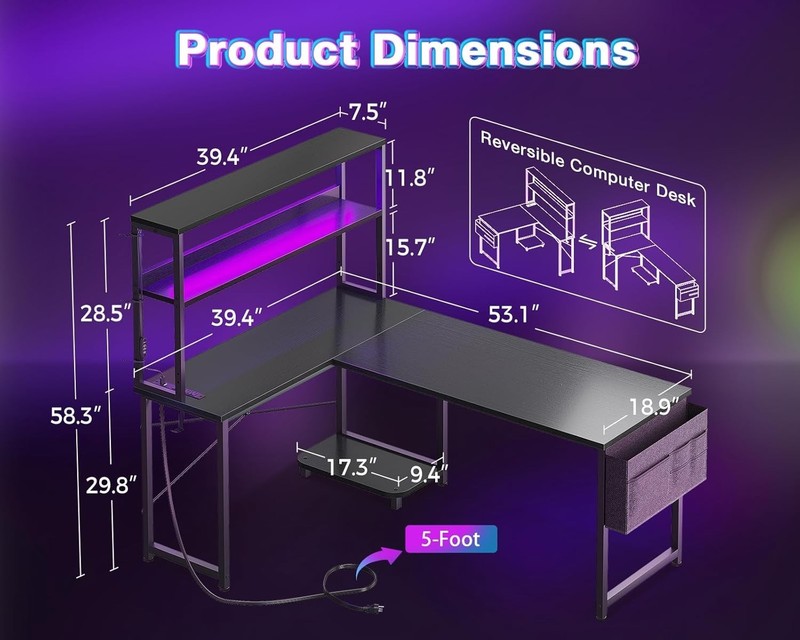53 Inch Reversible L-Shaped Computer Desk with Storage Sack & LED Lighting gallery