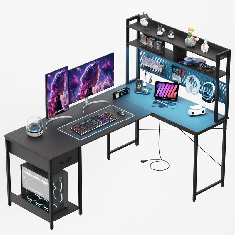 L Shaped Gaming Desk 53″, Reversible Corner Computer Desk with LED Lights, Ca…