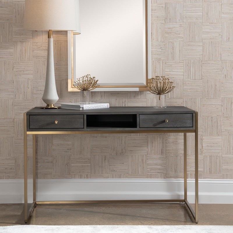 Uttermost 25201 Taja Acacia 2 Drawer Writing Desk - Brushed Brass / Light Gray gallery