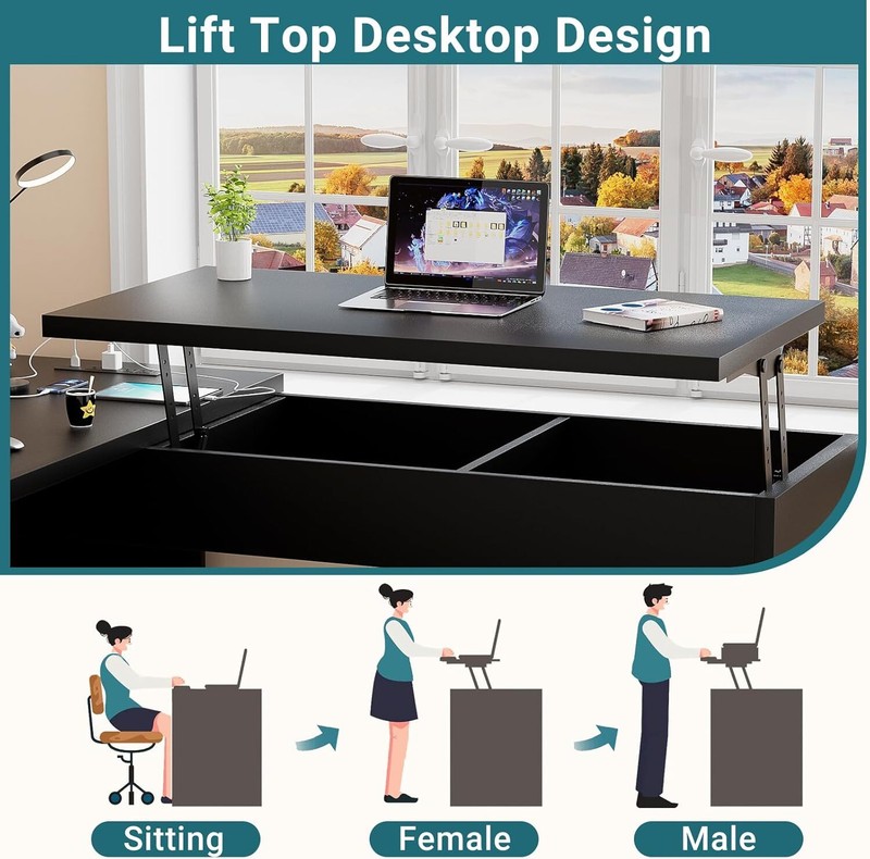 56" L-Shaped Large Office Desk with Lift Top ＆ Drawer ＆ Outlets,Ergonomic Design gallery
