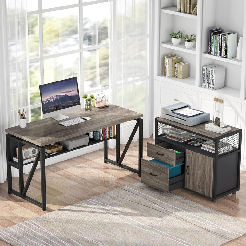 55 Inch Executive Desk with Cabinet, L Shaped Computer Desk for Home Office,Grey