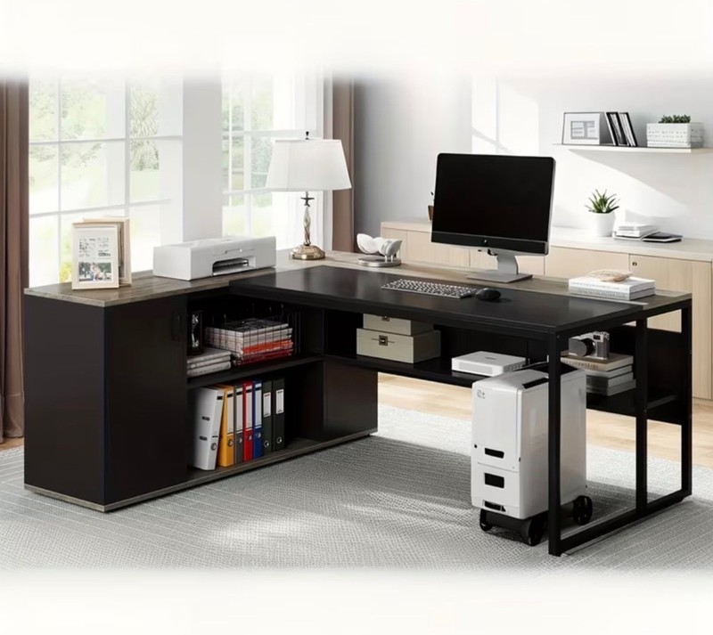 71" L-Shaped Executive Desk,Large Office Desk With Lateral Cabinet & Open Shelve gallery