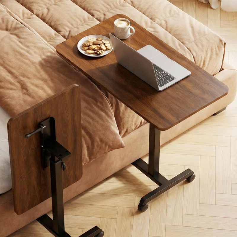 Compact Mobile Folding Desk with Lockable Wheels - Adjustable Height, Dark Brown