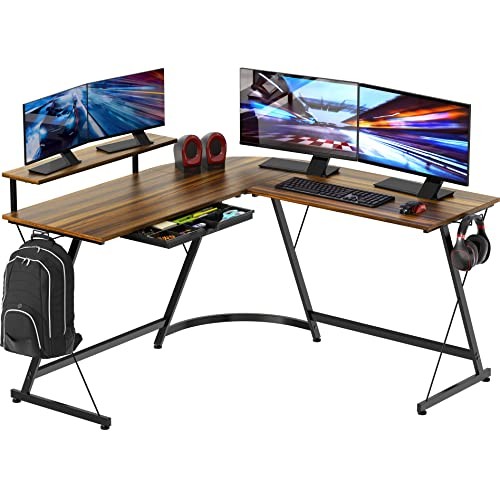 51 x 51 Inches Vista L-Shaped Desk with Monitor Stand and Drawer Walnut