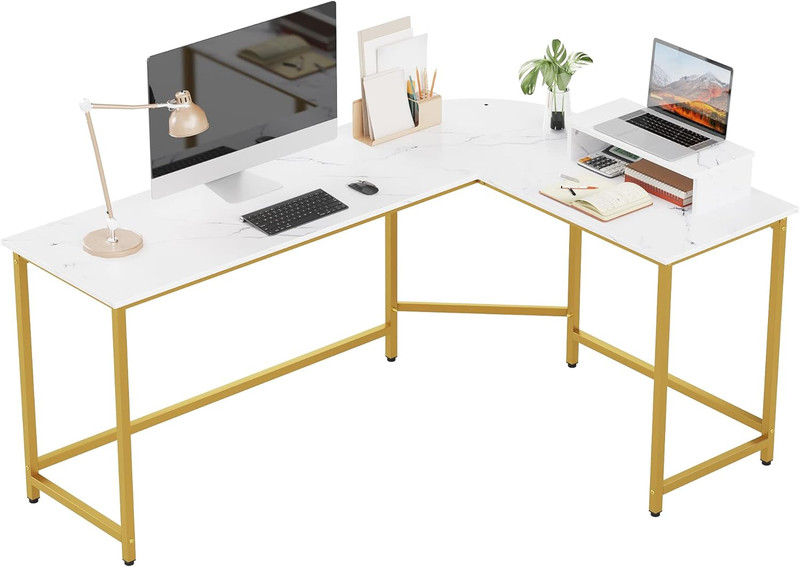 Modern L-Shaped Computer Desk with Monitor Stand – White and Gold