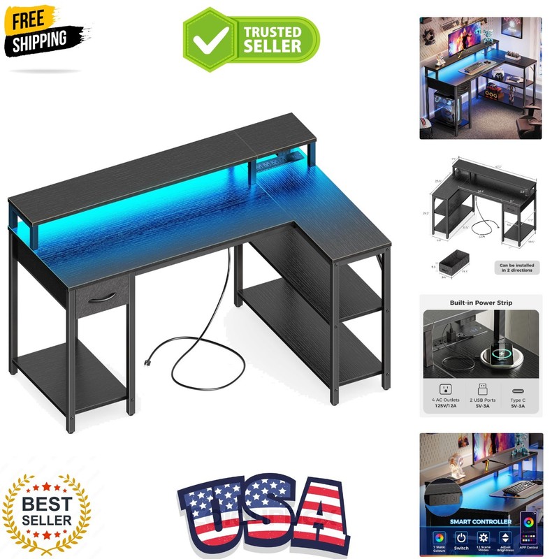 47 inch L Shaped Gaming Desk with LED Lights & Power Outlets, Reversible Comp…