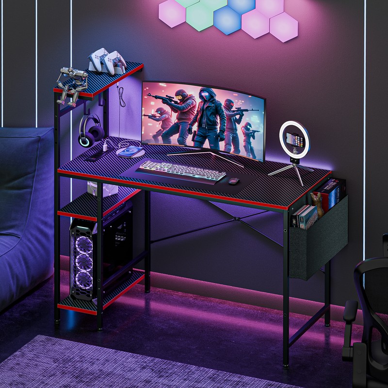 Computer Desk with Power Outlets 44 Inch LED Gaming Table with Side Storage Bag