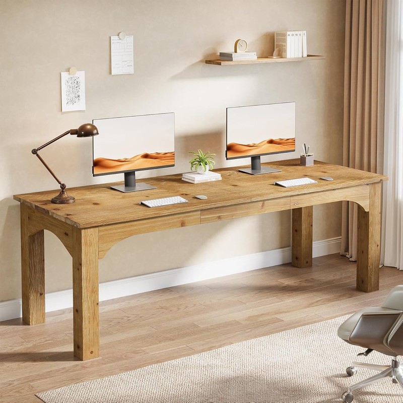 Solid Wood 2-Person Desk, 79-Inch Extra Long Desk, Double Computer Writing Table
