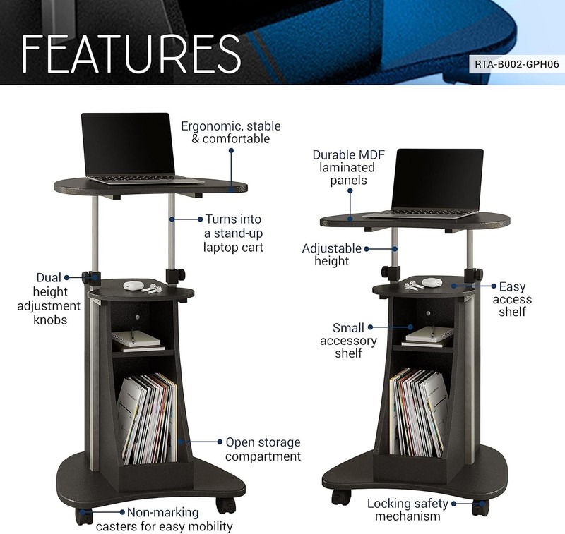 Sit-To-Stand Rolling Adjustable Height Laptop Cart with Storage, Graphite, 22 X gallery