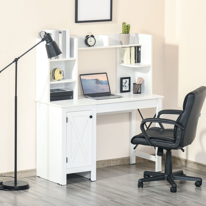 Farmhouse Computer Desk W/ Hutch Tabletop Cabinet, Home Office Study, White gallery
